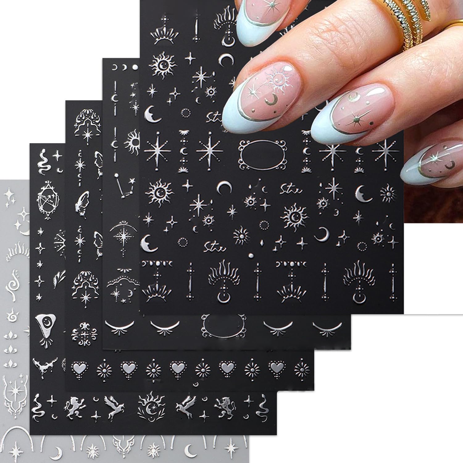Metallic Silver Nail Art Stickers 3D Self-Adhesive Nails Stickers Bohemian Sun Moon Hexagram Butterfly Heart French Tip Decal Supplies Women DIY Silver Metal Nail Art Decoration 4Sheets-BrightBean Baby