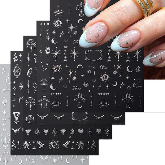 Metallic Silver Nail Art Stickers 3D Self-Adhesive Nails Stickers Bohemian Sun Moon Hexagram Butterfly Heart French Tip Decal Supplies Women DIY Silver Metal Nail Art Decoration 4Sheets-BrightBean Baby