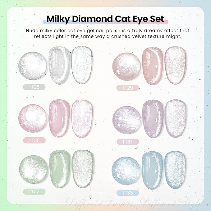 RARJSM Sparkle Diamond Cat Eye Gel Nail Polish Set 6 Colors Nude Pink Milky Jelly Purple Green Blue Silver Glitter Cateye Gel Polish with Magnet Stick UV LED Curing Requires Soak Off Home Salon Diy-BrightBean Baby