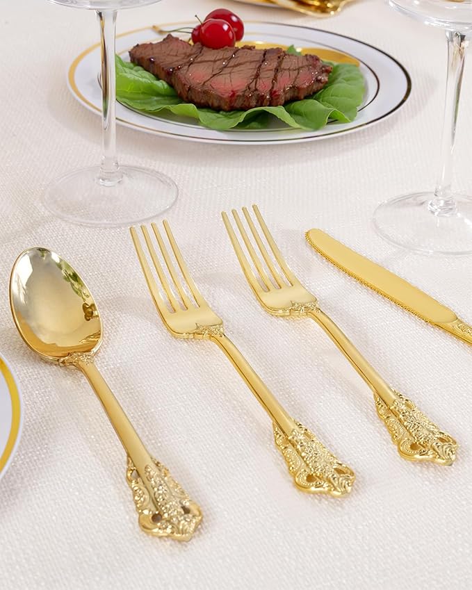 bUCLA 150PCS Gold Plastic Silverware Disposable - Heavy Duty Plastic Cutlery - Gold Disposable Utensils Set - Include 50 Knives, 50 Forks, 50 Spoons for Party & Thanksgiving