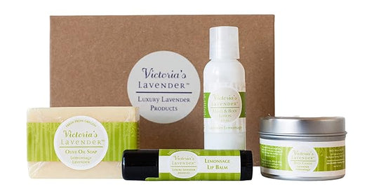 Victoria's Lavender Natural Body Products Gift Set - Handmade Soap, Hand & Body Lotion, Lip Balm, Body Candle Skin Care Sets & Kits, Lavender Bath and Body Products for Women, Lavender Lemongrass-BrightBean Baby