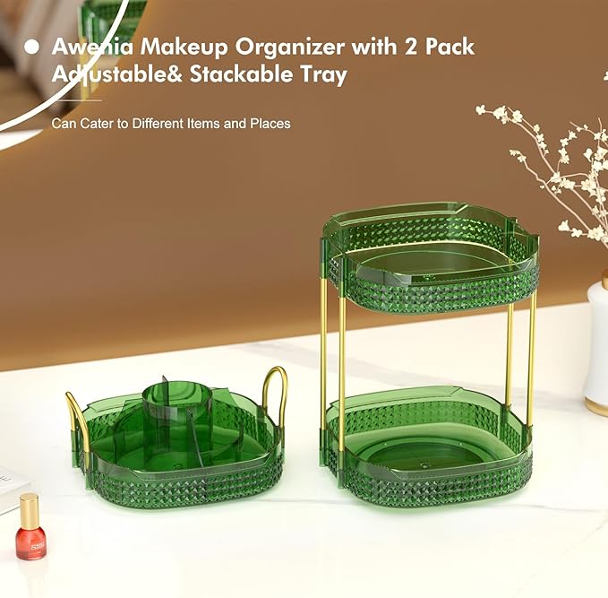 Awenia Rotating Makeup Organizer 360, Stackable Adjustable Large Capacity Cosmetic Storage Unit,Dresser Bathroom Kitchen Countertop Organizer with Metal Handle, Plus Size (Gem Green, 3 Tier)-BrightBean Baby