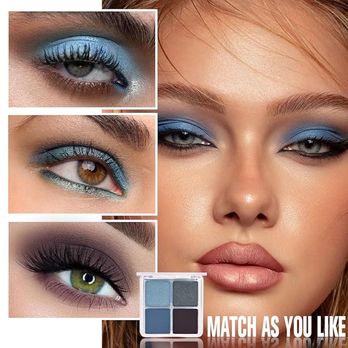 Powder Eyeshadow Quad, Blue Taupe Matte Shimmer Eye Shadow Palette Makeup, Neutral Vegan Eye Shadow Palette for Older Women Pigmented Waterproof, paleta de sombras de ojos, Blendable,13-BrightBean Baby