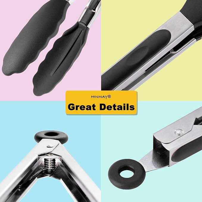 Serving Tongs 9-Inch Cooking Tongs with Silicone Tips, Set of 3 (Black)