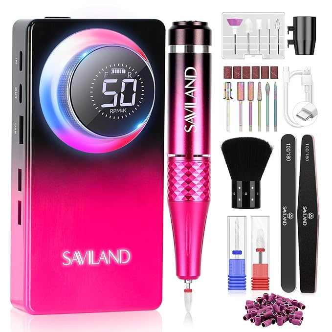 SAVILAND Electric Nail Drill 50000 RPM: Cordless Electric Nail File 10 H Battery Life Rechargeable Nail Drill Kit with Ceramic Drill Bits for Acrylic Nail Removal Ambient Light Black and Pink Ombre-BrightBean Baby