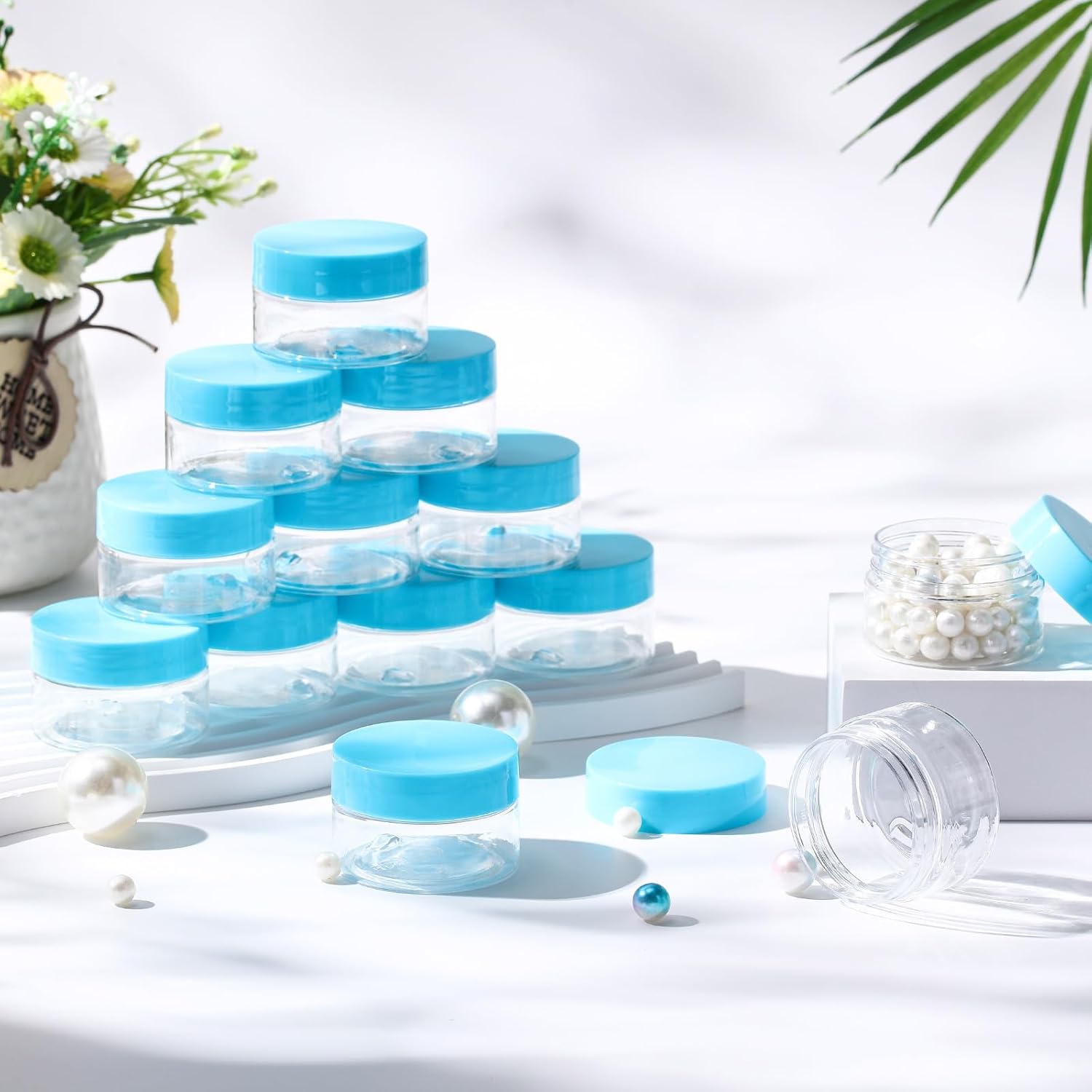 SATINIOR 100 Pcs Plastic Jars with Lids Small Containers Lids Wide Mouth Small Plastic Containers for Lotion Cream Rhinestones Body Butters Travel Storage(1 oz,Blue)-BrightBean Baby