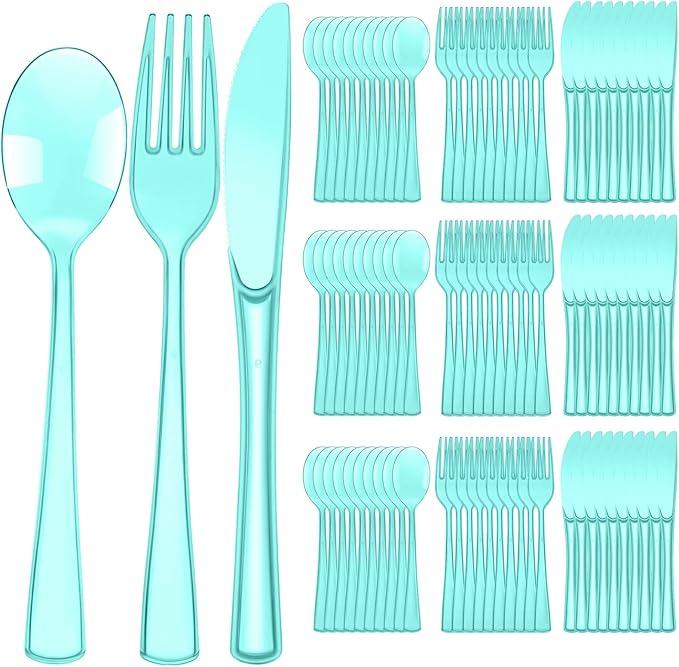 Minatee 150 Pieces Disposable Cutlery Set Plastic Silverware Heavy Duty Utensil Sets 50 Forks 50 Knives 50 Spoons for Home Office School Party Picnics Restaurant Outdoor Events(Light Green)