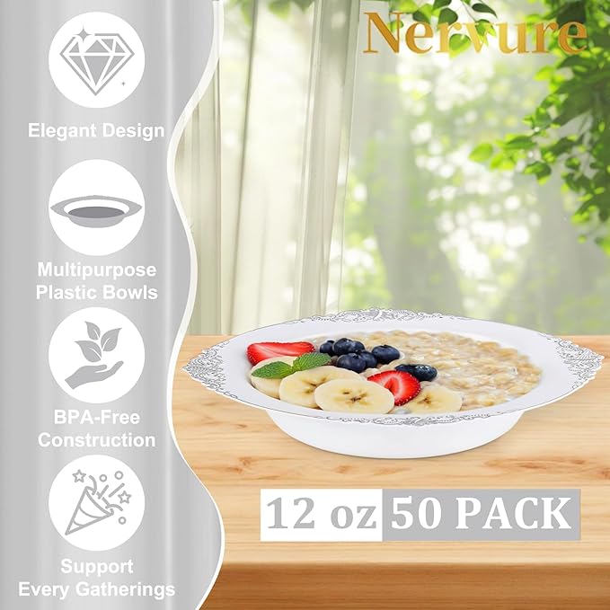 Nervure 50PCS White Plastic Bowls with Silver Rim - 12oz Disposable Soup Bowls, Heavy Duty Salad Ice Cream Bowl Perfect for Weddings, Parties and Everyday Use