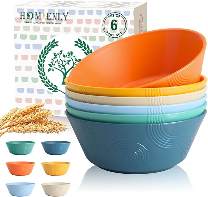 Wheat Straw Bowl Sets of 6 - 36oz Cereal Bowls with Textured Design,Large Soup Bowl - Microwave and Dishwasher Safe, Ramen Bowl Set, Alternative to Plastic Bowls for Serving Soup,Ramen,Salad - Multi