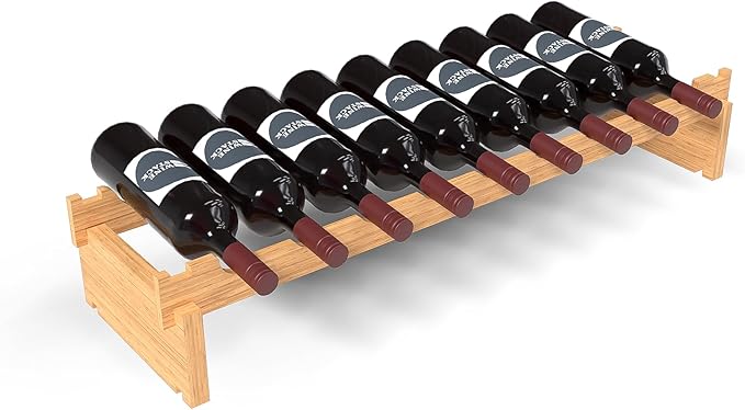 9 Bottle Bamboo Stackable Small Wine Rack for Countertop, No Tools Assembly, Durable, Wine and Liquor Bottle Storage for Small Spaces