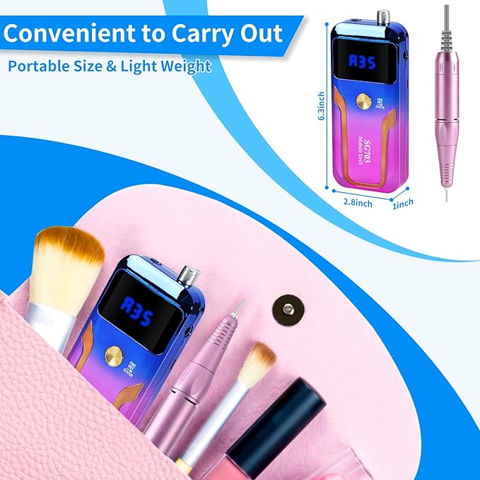 Portable Nail Drill Professional 35000 RPM, MOCOWIND Rechargeable Electric Nail File Machine for Acrylic Nails Gel Polishing Removing, Cordless E-File with Bits for Manicure Salon Home, Blue & Purple-BrightBean Baby