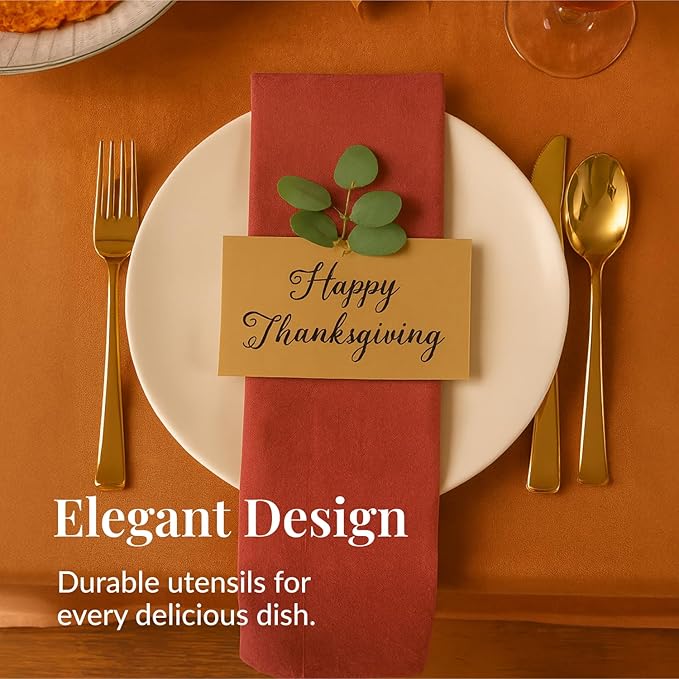 Prestee 300 ct Gold Plastic Silverware Set - Heavy Duty Disposable Cutlery - 100 Forks, 100 Spoons, 100 Knives - Elegant Gold Finish Utensils for Weddings, Parties, Holidays