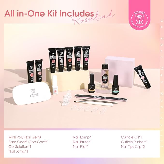 ROSALIND 8PCS Poly Nail Gel Kit with Mini Nail Lamp Clear Nude Purple Brown Poly Extension Gel Kit Mini Starter Kit-BrightBean Baby