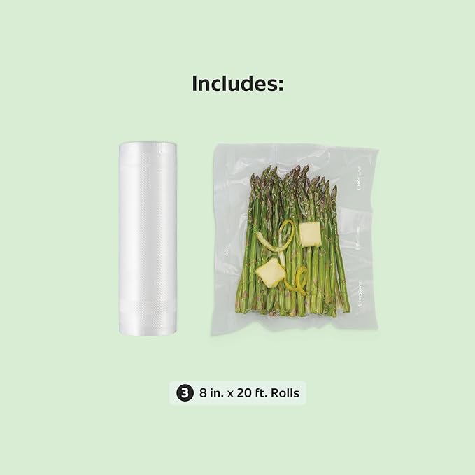 FoodSaver Custom Fit Airtight Food Storage and Sous Vide Vacuum Sealer Bags, 8 x 20' (Pack of 3), Perfect for Meal Prep and Sous Vide Cooking
