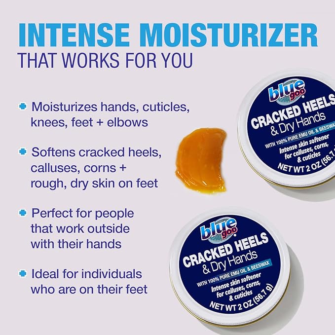 Blue Goo Cracked Heels & Dry Hands Intense Skin Softener - for Calluses, Corns & Elbow Dryness Relief, Fast- Penetrating Hydrating Moisturizer, Made w/ 100% Pure Emu Oil & Beeswax, 2 oz (2 Pack)-BrightBean Baby