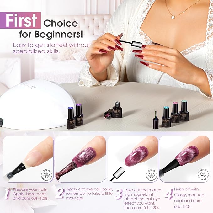 ROSALIND 8PCS Cat Eye Gel Polish with Magnet Stick - Magnetic Cat eye Gel Nail Polish Sparkle Diamond Effect Magic Magnetic Glitter Soak Off Led Nail Art DIY Salon Gifts For Women-BrightBean Baby