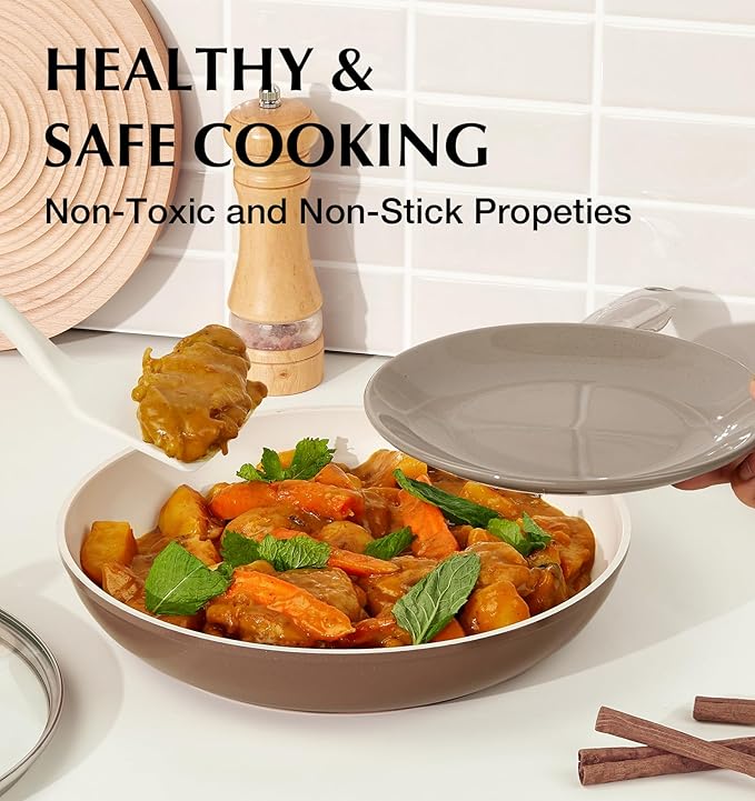 KOCH SYSTEME CS 10 Inch Nonstick Frying Pan with Lid - Ceramic Non Toxic Brown