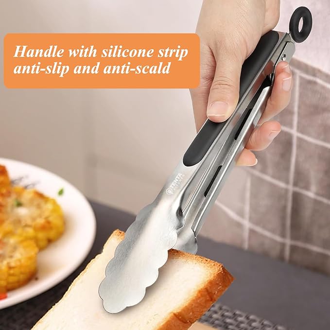 Tongs for Cooking, 9-Inch Stainless Steel Kitchen Tongs, Locking Metal Food Tongs with Silicone Non-Slip Grip, Kitchen Utensils Tongs for Food, Salad and Outdoor BBQ (Set of 4)