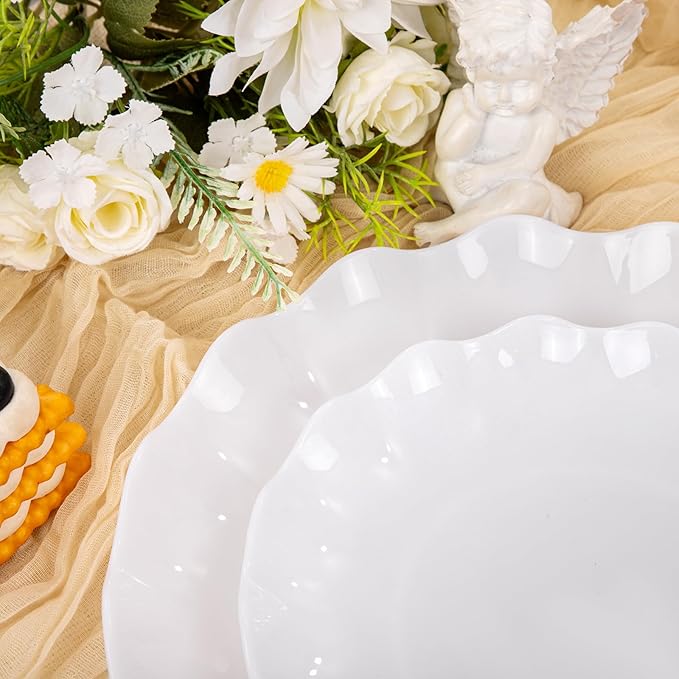 LIYH 50 Pcs White Scalloped Plastic Plates Reusable - Unbreakable Plastic Plates for Weddings Party Outdoor Picnics Dishwasher Safe BPA Free (25Guests)