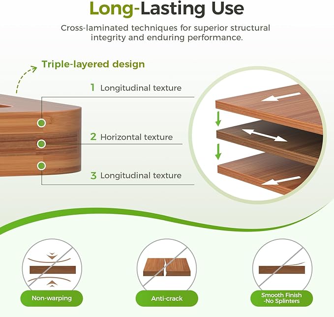 Bamboo Cutting Board for Kitchen, Wooden Cutting Board 3-Piece Set with Non-Slip Mat Deep Juice Groove and Built-In Handles, Wood Cutting Board for Meat Vegetables Fruit Ideal Gift for the Home