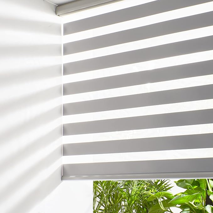Persilux Cordless Zebra Blinds for Windows Free-Stop Roller Windows Shades (34" W X 64" H, Grey) Dual Layer Light Control for Day and Night, Light Filtering Sheer Shades for Home