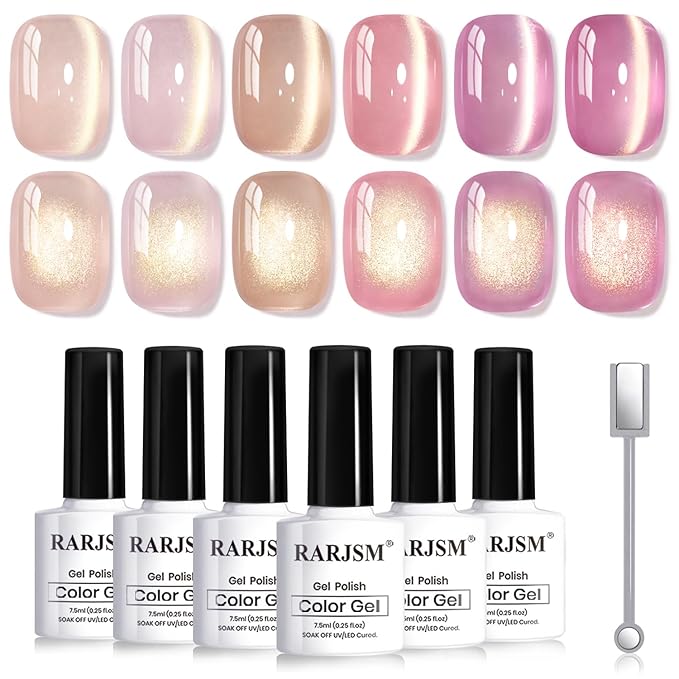 RARJSM Jelly Nude Gold Glitter Cat Eye Gel Nail Polish Set 6Pcs Sheer Pink Light Purple Champagne Mavue Brown Diamond Cateye Gelpolish with Magnetic Stick UV LED Curing Require Home Salon Nail Design-BrightBean Baby