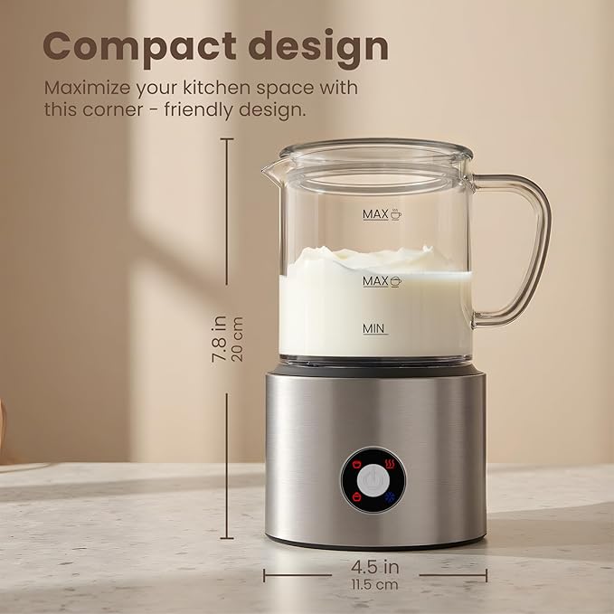Detachable Milk Frother, 4 in 1 Milk Frother and Steamer Dishwasher Safe, Glass Frother 16.9oz Hot and Cold Foam Maker, Electric Milk Frother for Coffee, Latte, Hot Chocolate (Brushed)