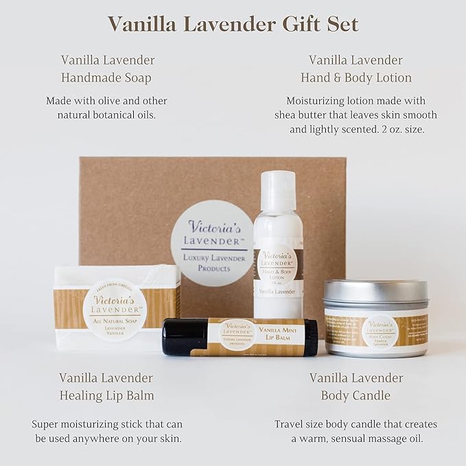 Victoria's Lavender Natural Body Products Gift Set - Handmade Soap, Hand & Body Lotion, Lip Balm, Body Candle Skin Care Sets & Kits, Lavender Bath and Body Products for Women, Vanilla Lavender-BrightBean Baby