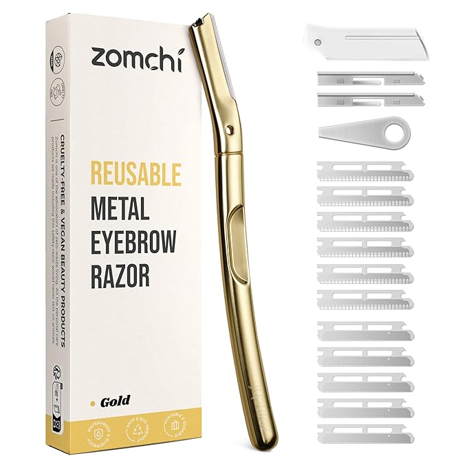 ZOMCHI Dermaplane Razor with 11 Blades for Women & Men, Eyebrow Trimmer with Protective Silicone Cap, Face Razor for Hair Removal - Matte Gold-BrightBean Baby