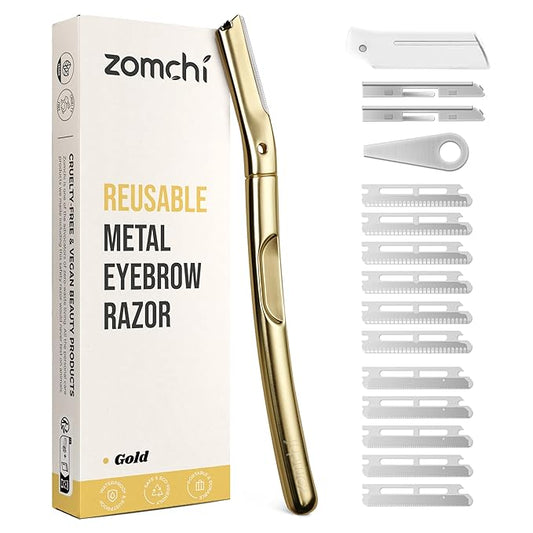 ZOMCHI Dermaplane Razor with 11 Blades for Women & Men, Eyebrow Trimmer with Protective Silicone Cap, Face Razor for Hair Removal - Matte Gold-BrightBean Baby