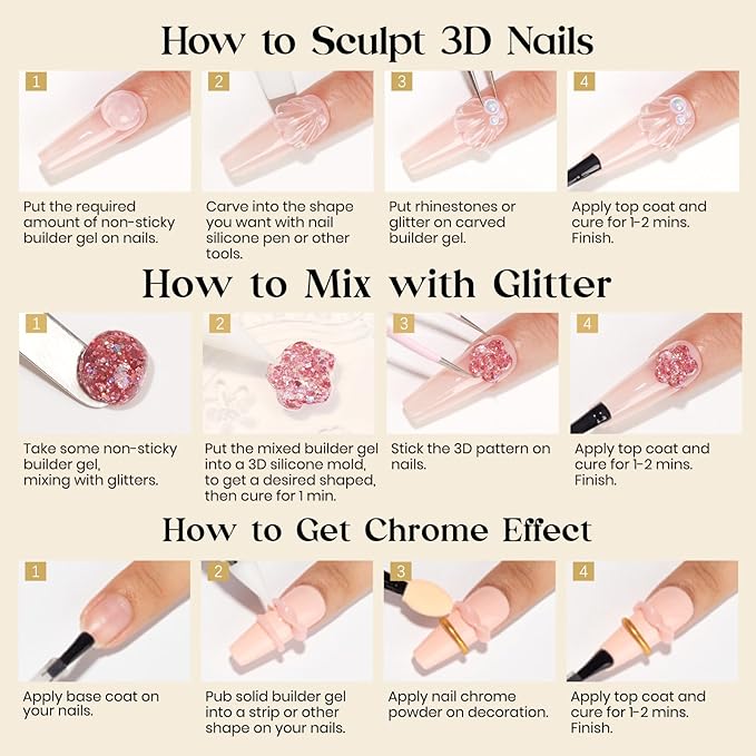 MIZHSE Solid Builder Gel for Nails, Clear Non-Sticky Sculpting Gel, 3D Nail Art Carving Building Modeling Hard Nail Extension Soak Off UV/LED Nail Art Salon Home DIY 15g-BrightBean Baby