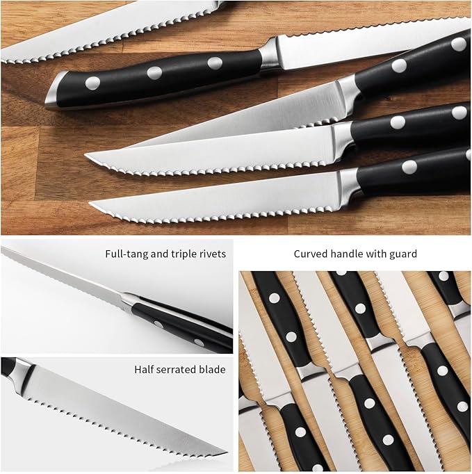 Alata 6-Piece Steak Knives Set, 4.7 Inch with Serrated Edge Razor-Sharp Dinner Knives, Full-Tang Construction, Dishwasher Safe