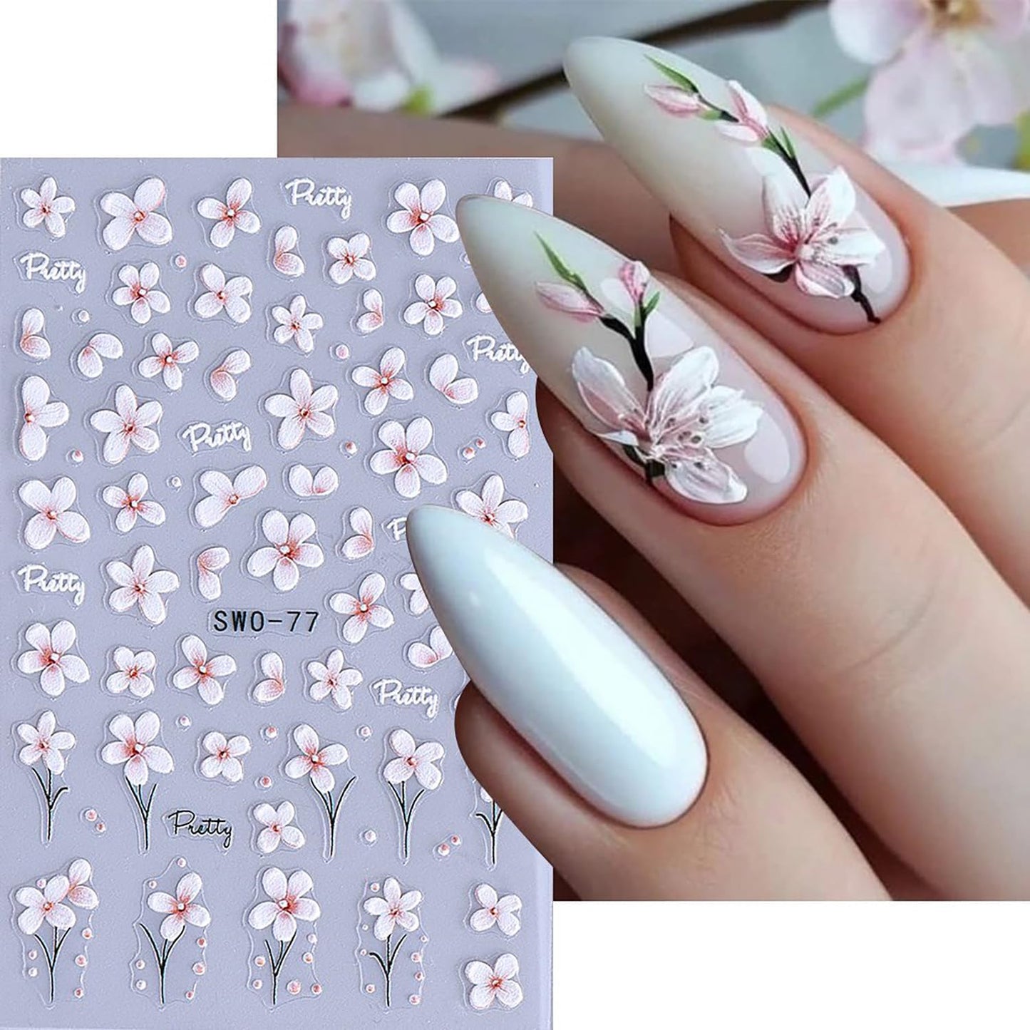 6 Sheets Flower Nail Art Stickers Rose Daisy Nails Art Decals 3D Self-Adhesive Nails Sticker Holographic Stereo Blossom Decal Decoration for Women Wreath Manicure Stickers DIY Nail Supplies-BrightBean Baby