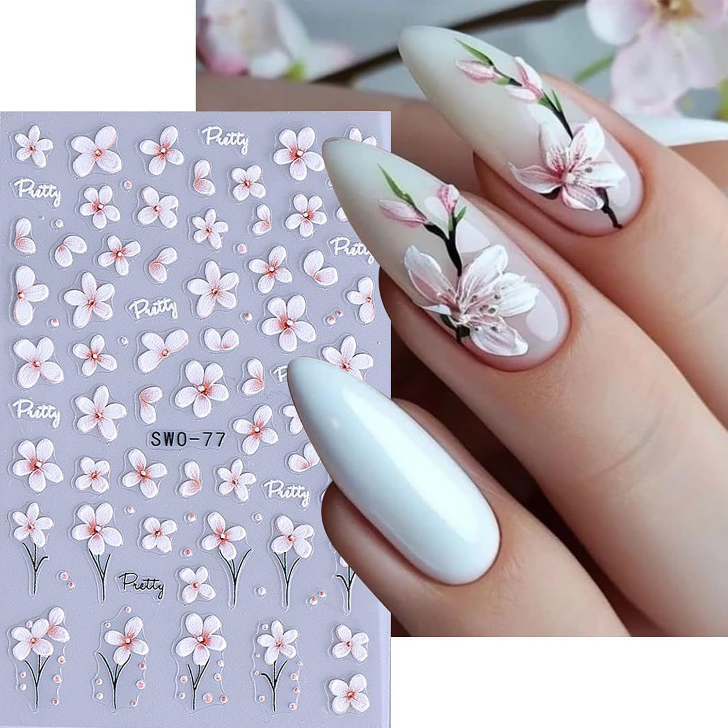 6 Sheets Flower Nail Art Stickers Rose Daisy Nails Art Decals 3D Self-Adhesive Nails Sticker Holographic Stereo Blossom Decal Decoration for Women Wreath Manicure Stickers DIY Nail Supplies-BrightBean Baby
