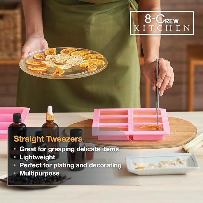 8-CREW KITCHEN Culinary Stainless Steel Tweezers, 8-inch Straight Tip Chef Precision Tongs for Plating, Decorating, Food Design, Bar and Multi-Purpose