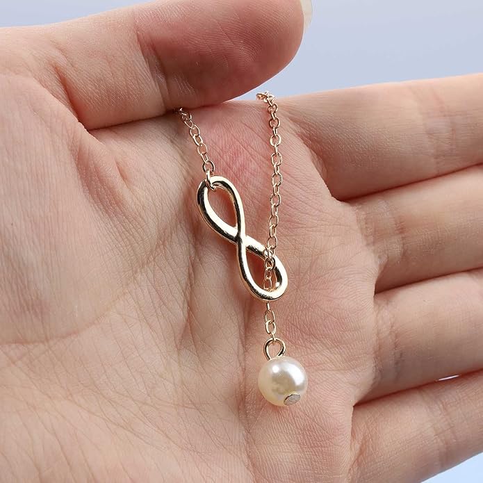Boho Pearl Infinity Necklace Silver Y Pearl Necklace Minimalist Chain Y Lariat Necklace Chain Jewelry for Women and Girls-BrightBean Baby