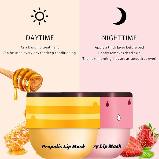 2PCS Lip Mask Overnight, Honey&Strawberry Moisturizing Repair Sleeping Lip Balm, Fade Lip Lines Bee Lip Balm, Hydrating &Prevention Dry and Crack Lip Scrubs Exfoliator (Strawberry & Strawberry)-BrightBean Baby