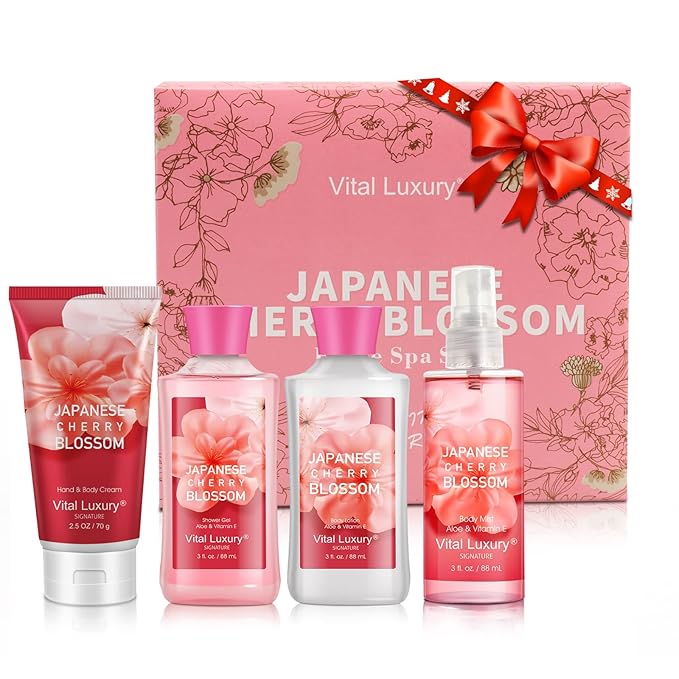 Bath & Body Kit, 3 Fl Oz Travel Size, Ideal Skincare Relaxing Home Spa Set, Includes Body Lotion, Shower Gel, Body Cream, and Fragrance Mist, Bath Gifts for Her and Him (Japanese Cherry-BrightBean Baby