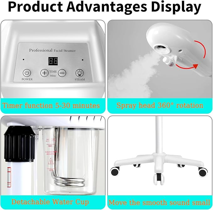 Professional Facial Steamer, Stand Ozone Face Steamer on Wheels, Adjustable Height and Angle,Estheticians Steamer More Steam,Hot Mist Facial Humidifier Atomizer for Spa Beauty, Home Use-BrightBean Baby