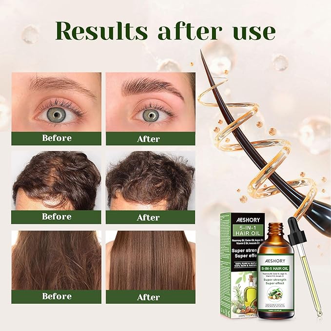 Aeshory Hair Oil - 5 IN 1 Hair Care Oil with Rosemary, Castor, Argan, Vitamin E, and Avocado for Hair Growth and Strengthening - Nourishing and Volumizing 3.38 fl oz-BrightBean Baby