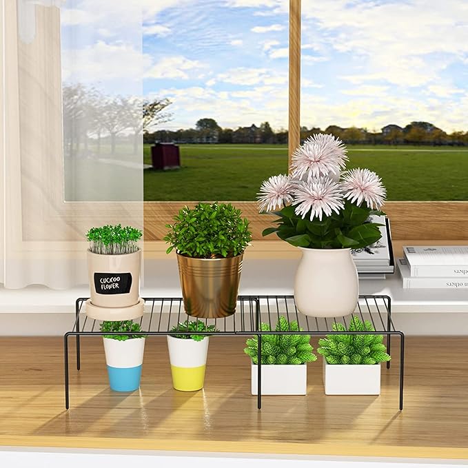 Kitchen Cabinet Expandable Shelf Organizers Set of 6, Adjustable Metal Wire Pantry Storage Shelves, Plate Dish Organizer Rack for Cabinets, Cupboard, Counter, Freezer, Countertop, Black