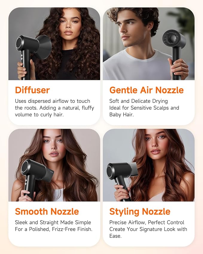 PLUZZ Professional Hair Dryer with Diffuser for Curly Hair, 400M Negative Ionic Blow Dryer for Fast Drying, 120,000 RPM High-Speed Brushless Motor, Low Noise Lightweight, Travel-Friendly, Women & Men-BrightBean Baby