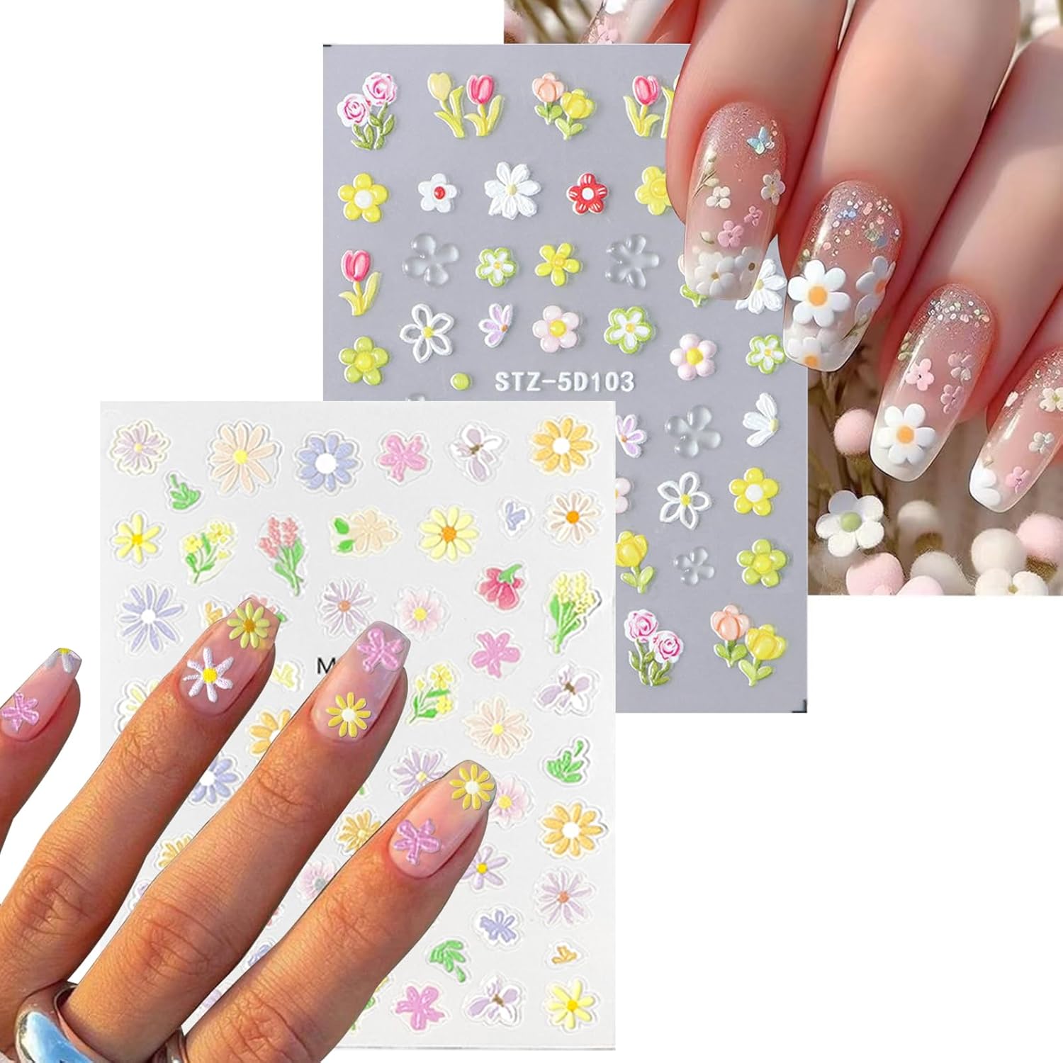 Flower Nail Art Stickers 7 Sheets 5D Nail Decals Spring Summer Nails Art Design 3D Self-Adhesive Supplies White Yellowe Daisy Flower Nails Decoration for Women DIY Design-BrightBean Baby