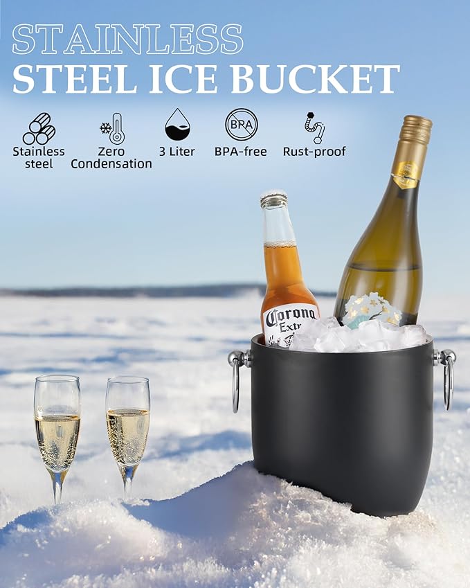 Insulated Ice Bucket, 3L Double Wall Stainless Steel Ice Bucket with Tongs,Lid, Scoop and Strainer, Ice Buckets for Parties,Cocktail Bars, Chilling Beer, Champagne, Wine Bottles