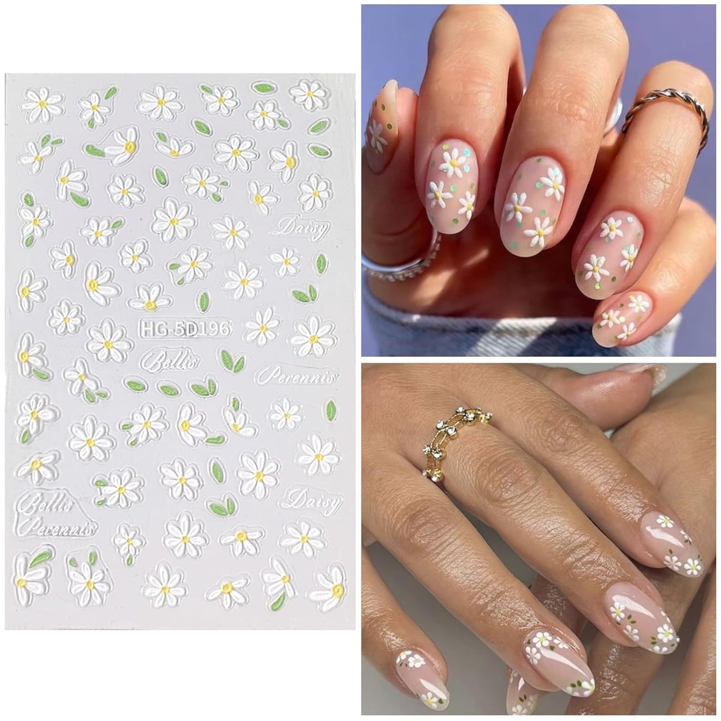 Flower Nail Art Stickers 7 Sheets 5D Nail Decals Spring Summer Nails Art Design 3D Self-Adhesive Supplies White Yellowe Daisy Flower Nails Decoration for Women DIY Design-BrightBean Baby