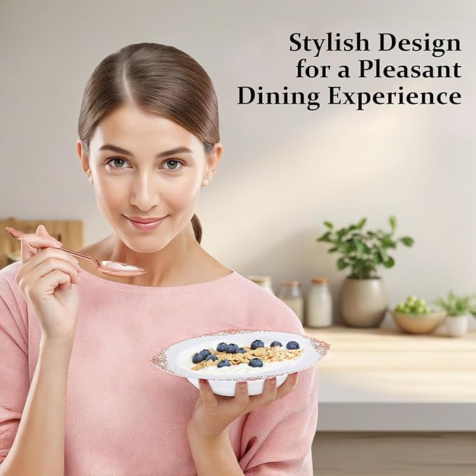 Nervure 50PCS White Plastic Bowls with Rose Gold Rim - 12oz White Disposable Soup Bowls, Heavy Duty Salad Ice Cream Bowl Perfect For Weddings, Parties and Everyday Use