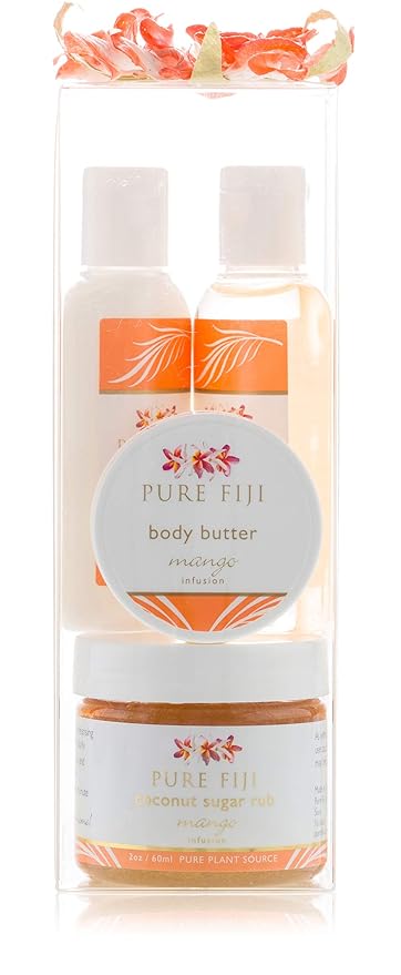 Pure Fiji Spa Gifts for Women and Man - Body Gift Box Include: Sugar Scrub, Bath and Body Oil, Body Butter and Body Lotion, Scent Mango-BrightBean Baby