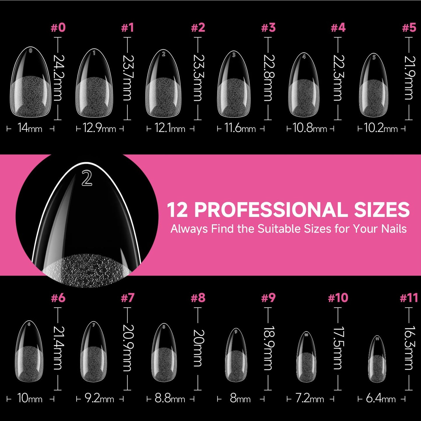 UNA GELLA Medium Almond Nail Tips, 312pcs Almond Gel Nails Tips Shape Pre Etched Full Cover Clear Fake Acrylic Pointed Press On Nails No C Curve for Nail Extension Art DIY Salon 12 Sizes-BrightBean Baby