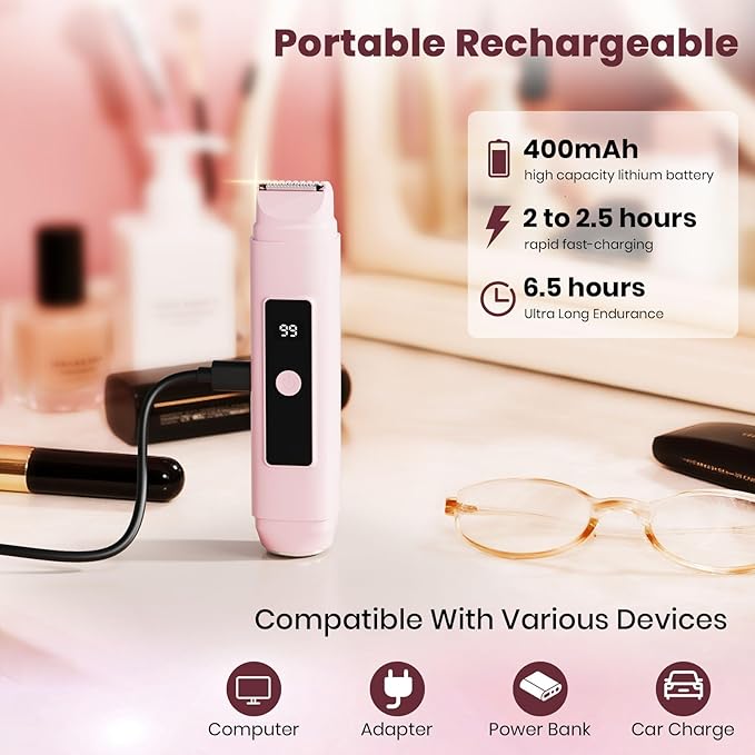 Bikini Trimmer for Women,IPX7 Waterproof Painless Electric Razors for Trip,Portable&Easy Cleaning Lady Underarm Pubic Leg Arm Body Face,Electric Shaver for Travel&Shower Use,Gifts for Women,Pink-BrightBean Baby