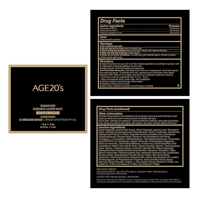 AGE20'S Signature Essence Pact SPF 50+ | Pack of 2 | 23 Medium Beige | Cream Foundation, Dewy Finish, Natural Coverage | Korean Cushion Foundation-BrightBean Baby